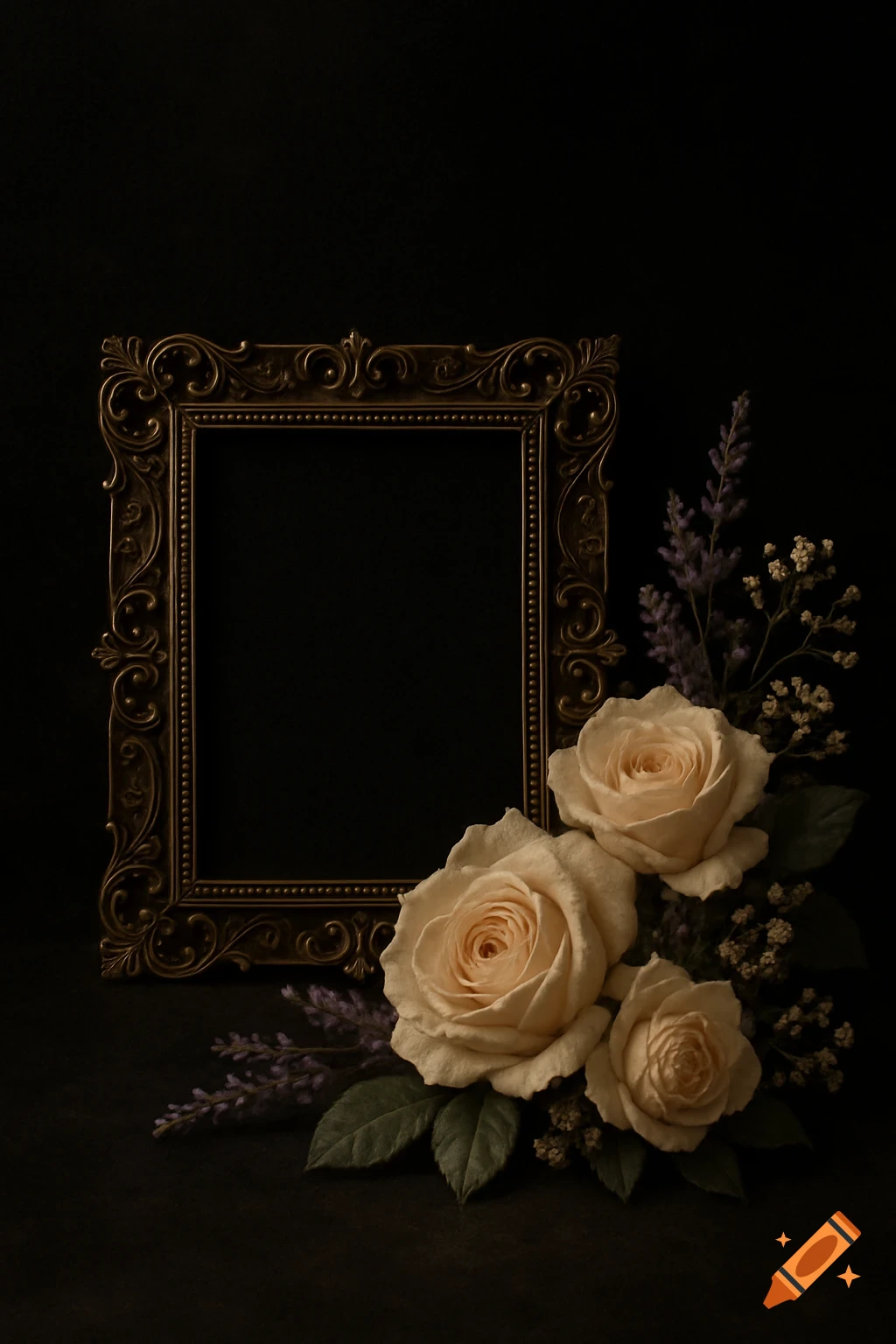 An ornate vintage photo frame sits on a dark surface, surrounded by pale cream roses, lavender, and baby's breath, against a black background.