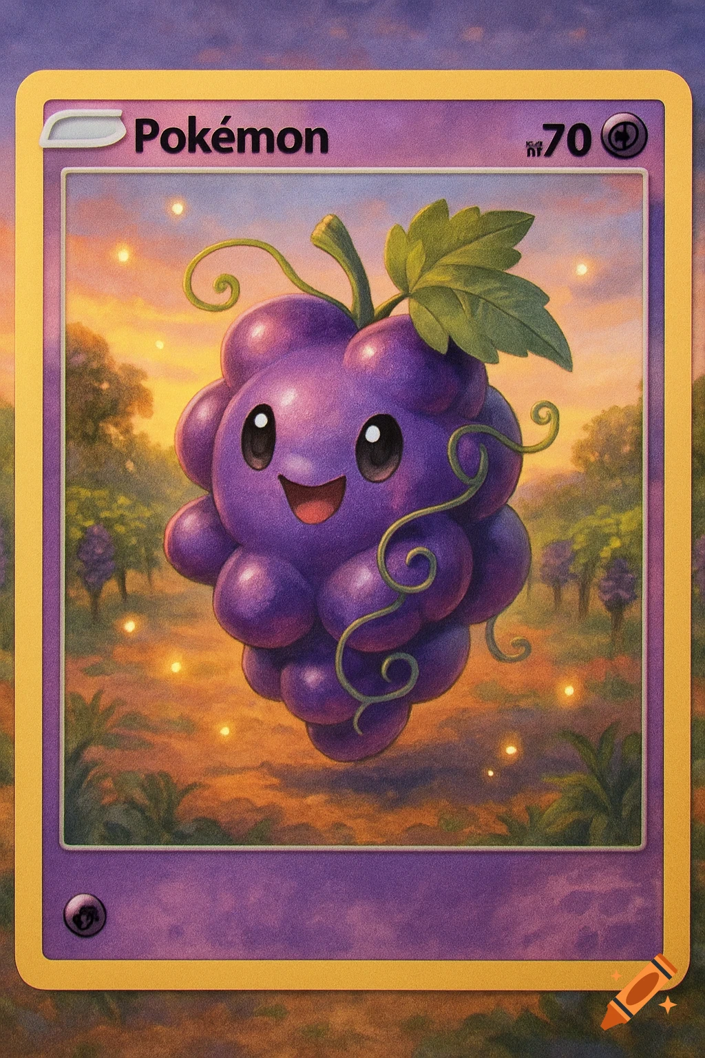 A cute, purple grape Pokémon on a trading card with a sunset vineyard background.