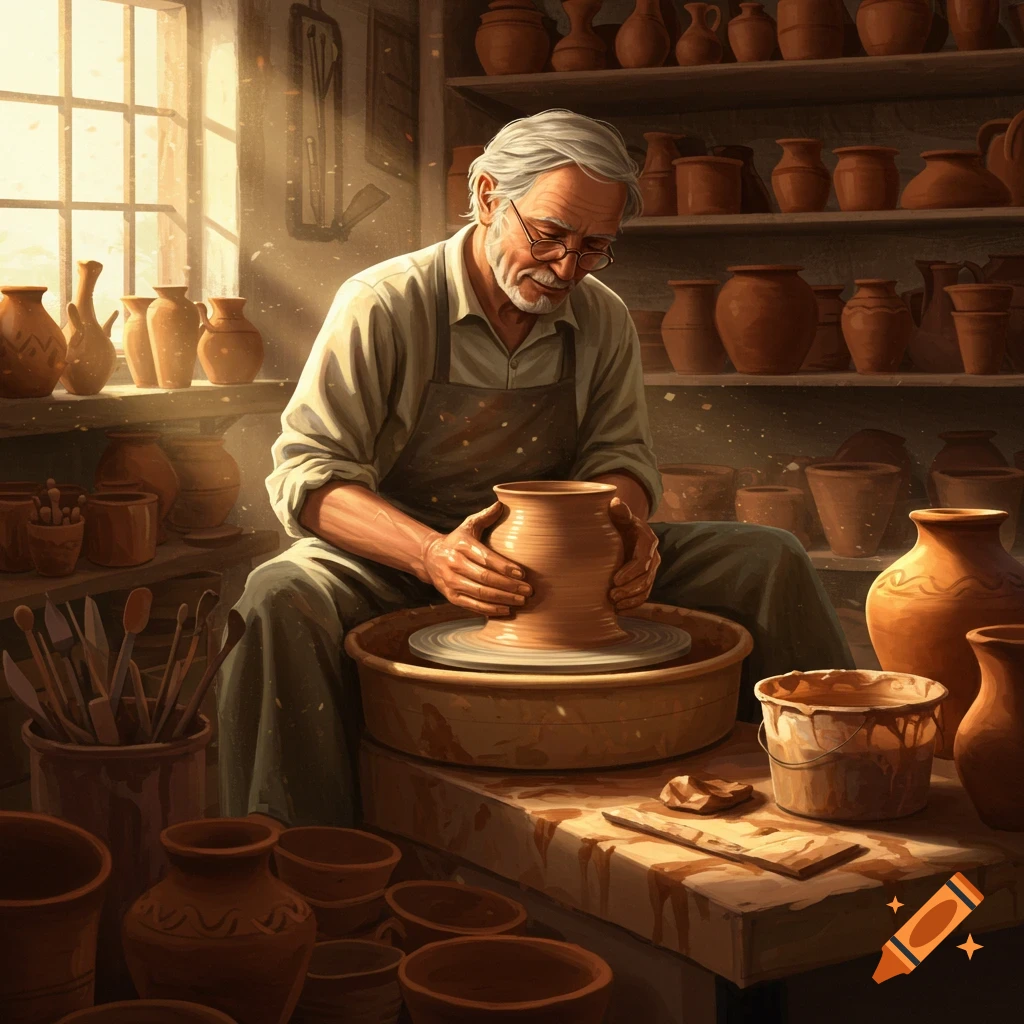 An old man with a beard and glasses intently works on a pot at a pottery wheel in a sunlit workshop filled with clay vessels.