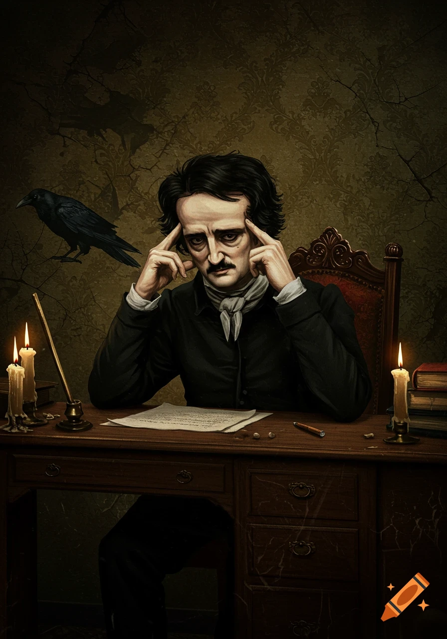 Stylized portrait of Edgar Allan Poe with his head in his hands, sitting at a desk with candles and a raven.