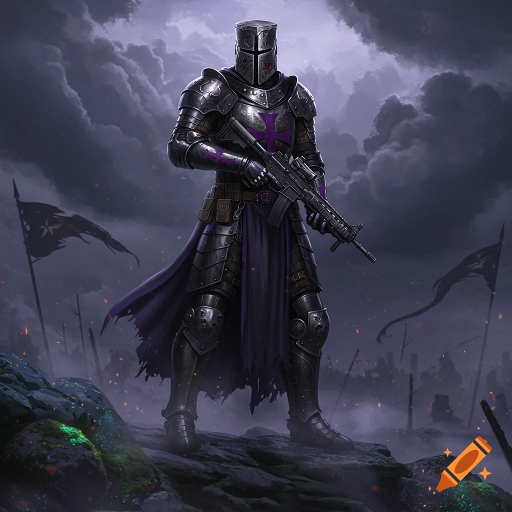 A crusader knight in dark metallic armor with purple accents holds an assault rifle on a stormy battlefield.