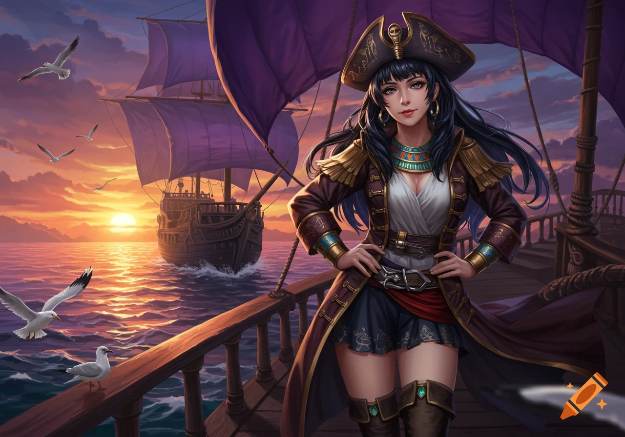 Anime pirate girl with black hair and a tricorn hat stands on a ship's deck at sunset, with another ship in the background.