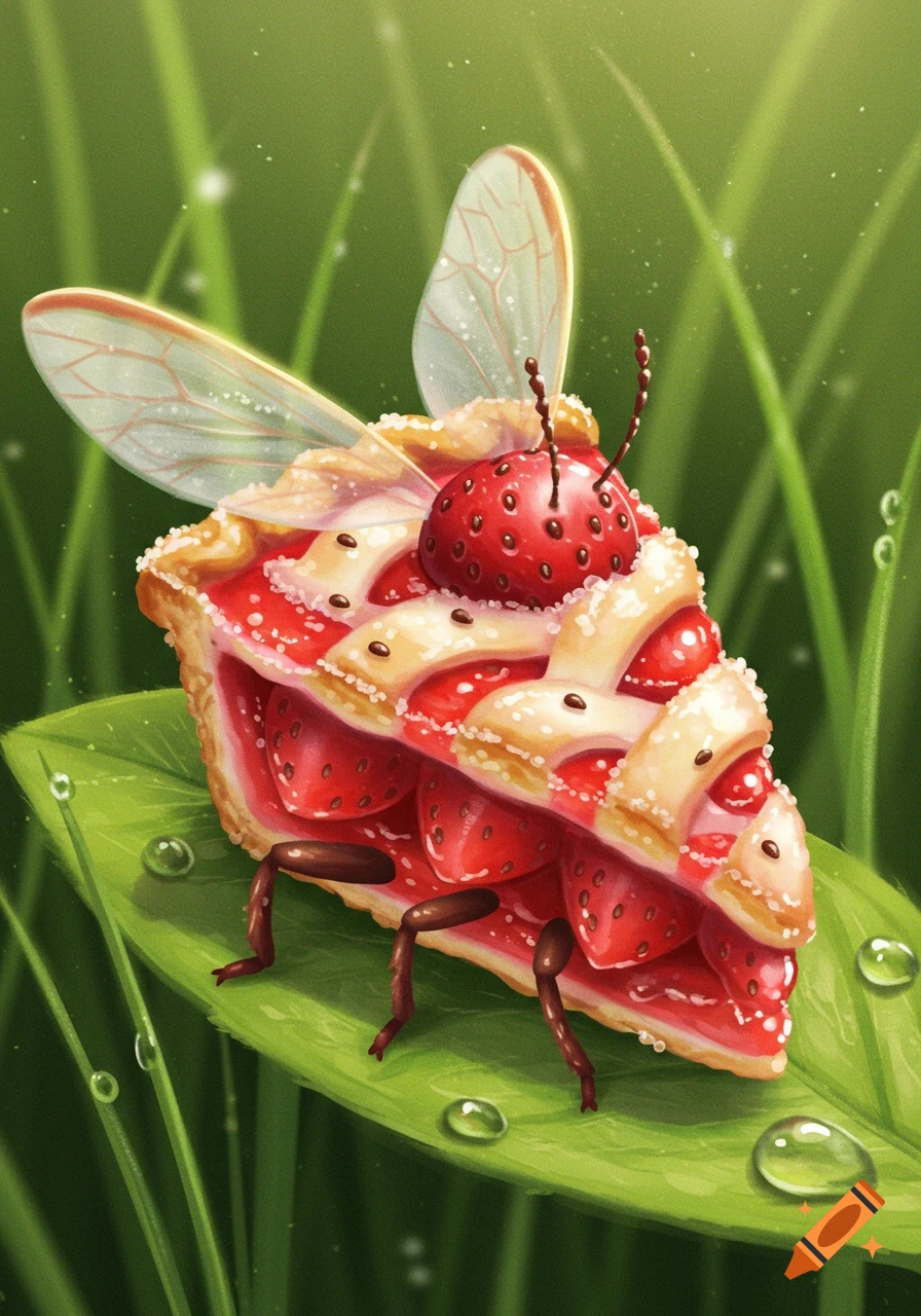 A whimsical bug resembling a strawberry pie slice with wings and legs rests on a green leaf with dewdrops, vibrant digital art.