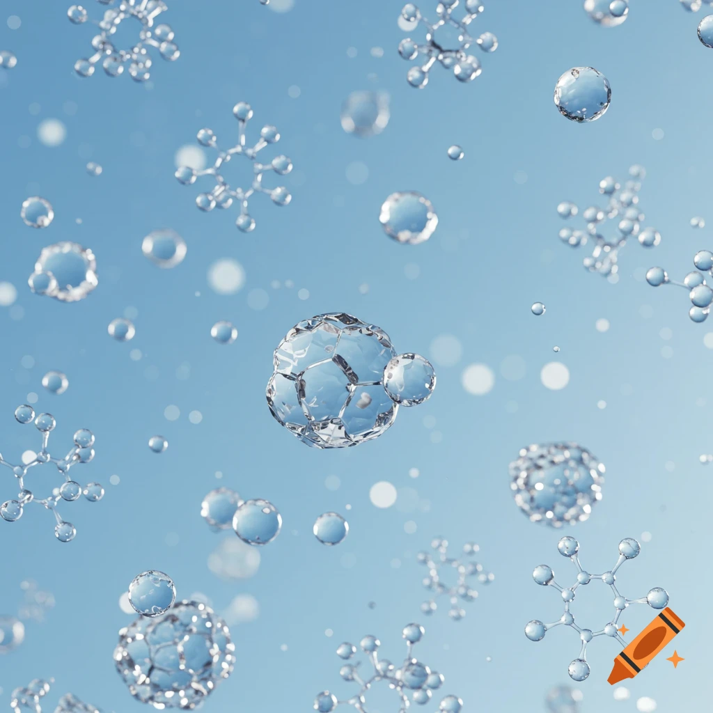 Crystalline molecules and abstract shapes float against a light blue background in a digital art style.