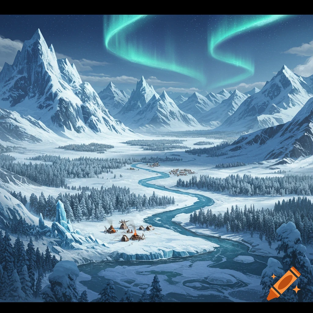 A fantasy winter landscape with snow-covered mountains, a winding river, small settlements, and green aurora borealis.