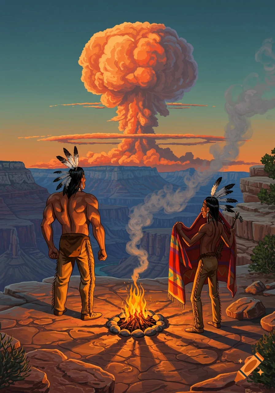 Two cartoon Native Americans stand by a campfire, looking at a mushroom cloud over the Grand Canyon at sunset.