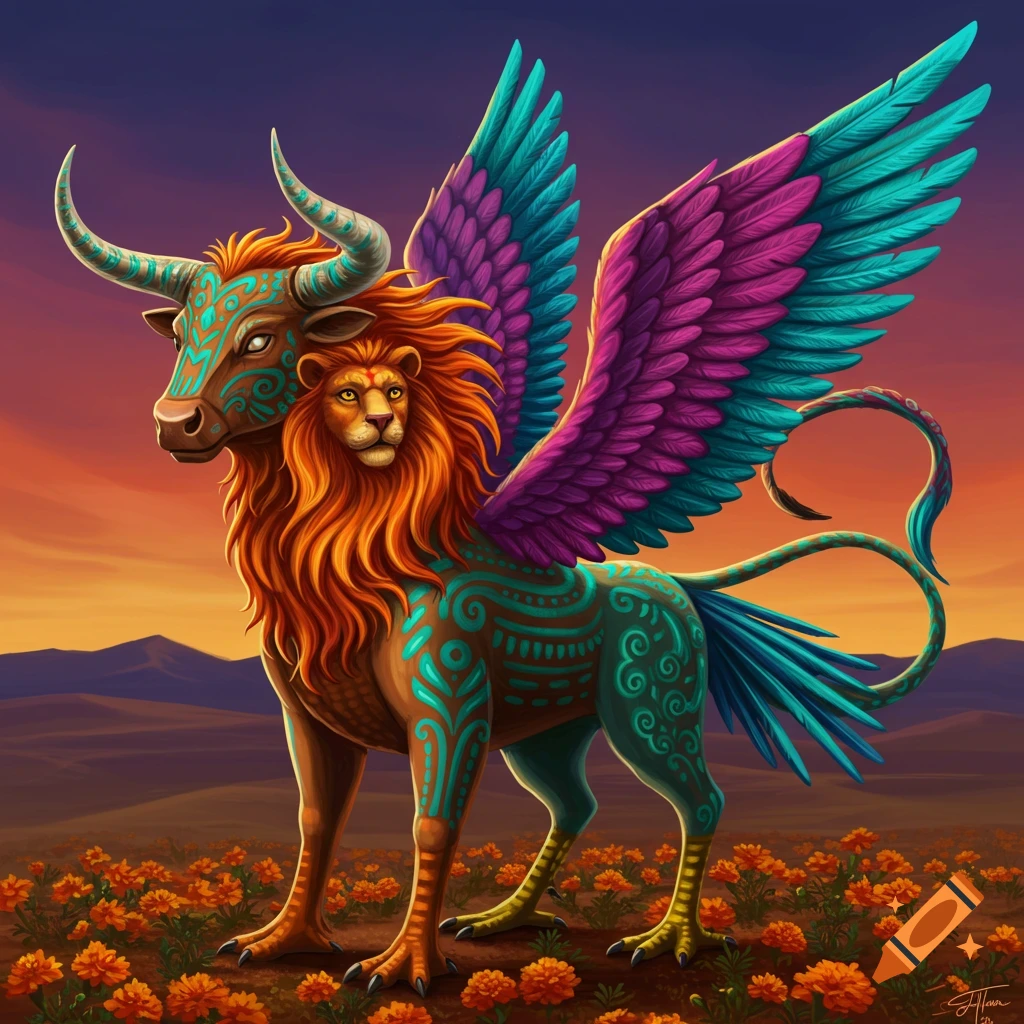 Vibrant alebrije creature with bull's head, lion's body, chicken legs, horse's tail, and eagle wings in a flower field at sunset.
