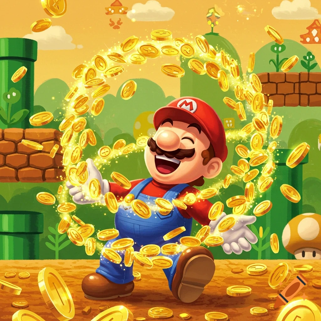 Mario gleefully collects golden coins in a vibrant Super Mario Bros. landscape illustration.