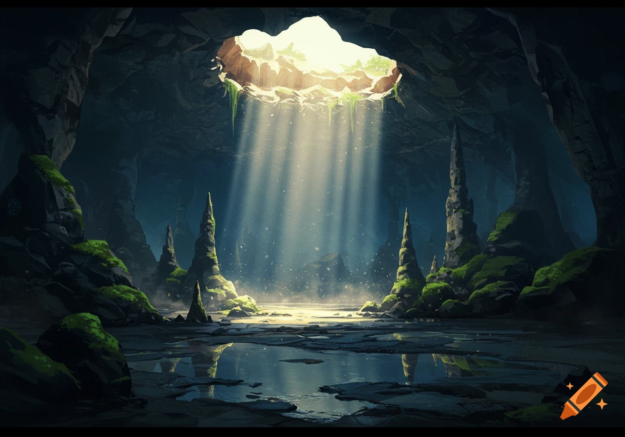 Fantasy illustration of a deep cave with a skylight, sun rays illuminating a pool of water and moss-covered rock formations.