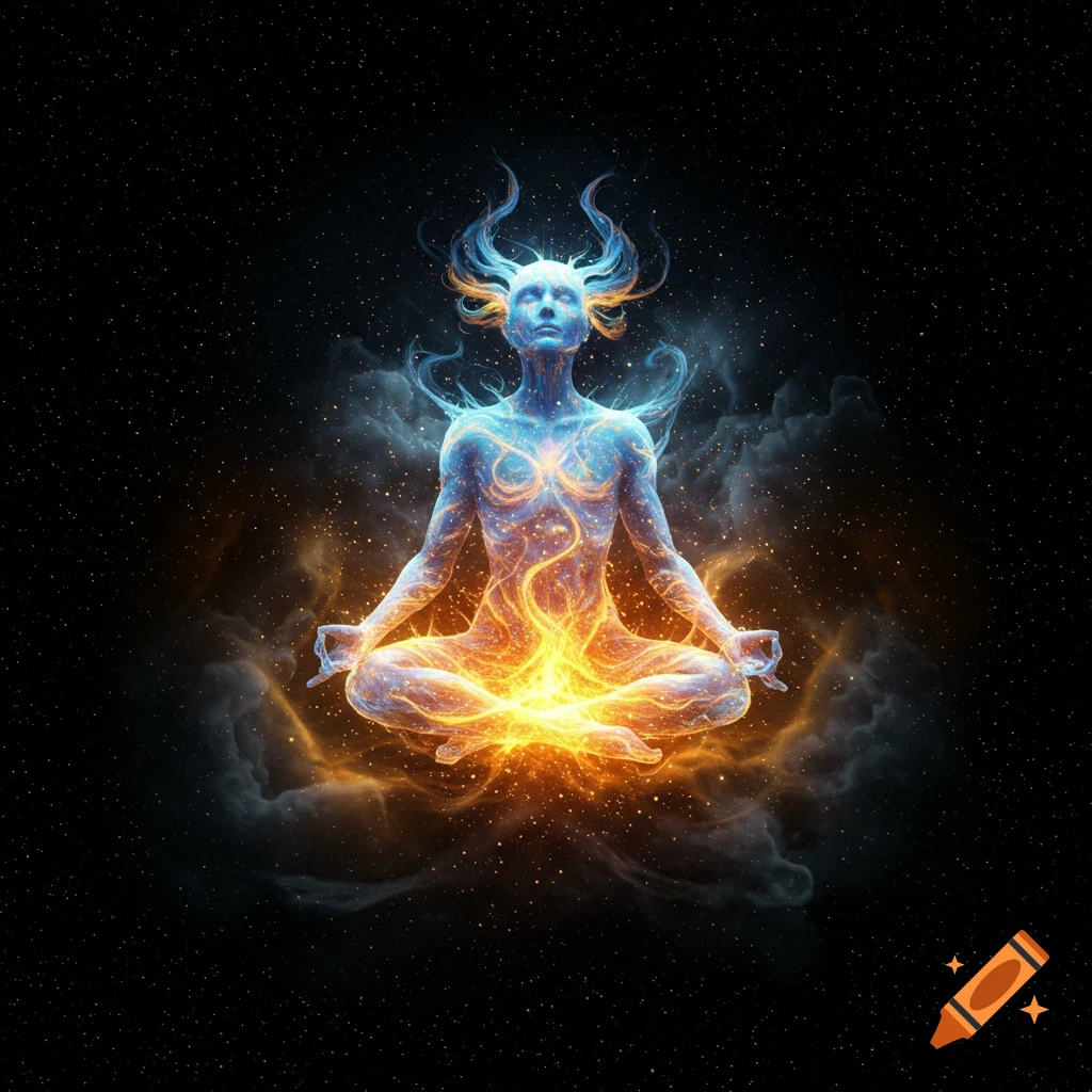 A blue and orange glowing ethereal figure meditates in a lotus pose amidst stars and cosmic dust.