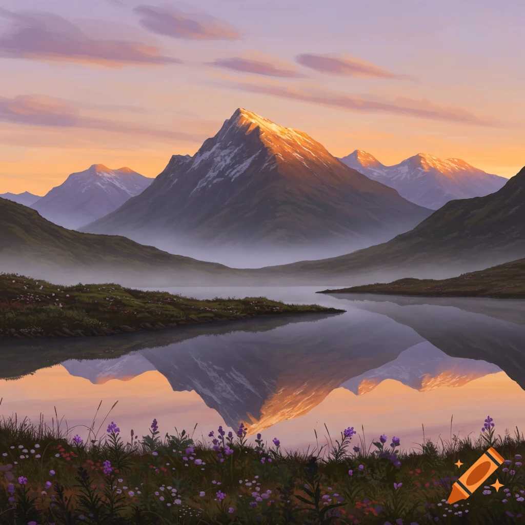 A vibrant landscape painting of sunlit mountains reflecting in a still lake at sunrise or sunset, with purple wildflowers in the foreground.