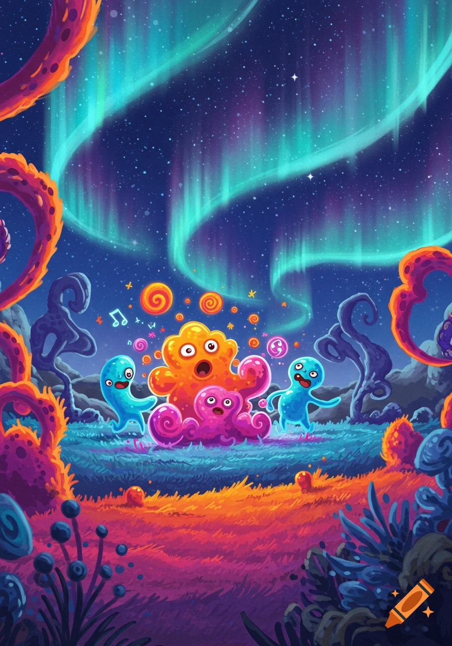 Vibrant cartoon illustration of colorful alien creatures dancing under a starry night sky with a green and purple aurora.