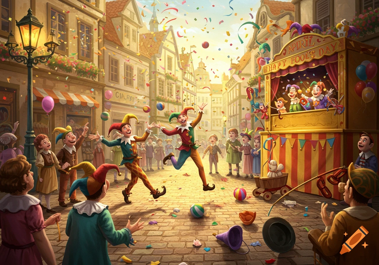 A vibrant street festival scene with jesters, children, and a puppet show under falling confetti, celebrating April Fool's Day in a cartoon style.