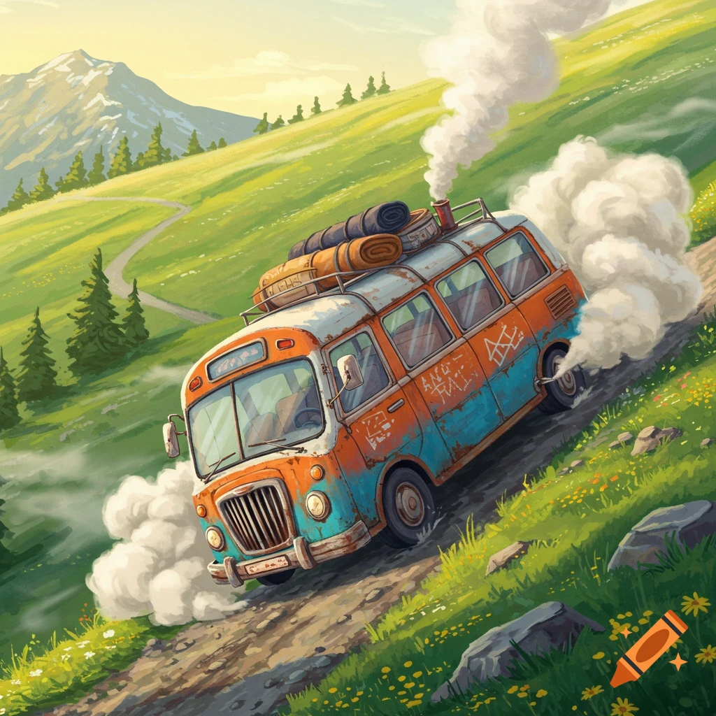 A cartoonish, rusty orange and blue bus packed with luggage struggles uphill on a dirt road in a sunny, green mountain landscape, emitting smoke.