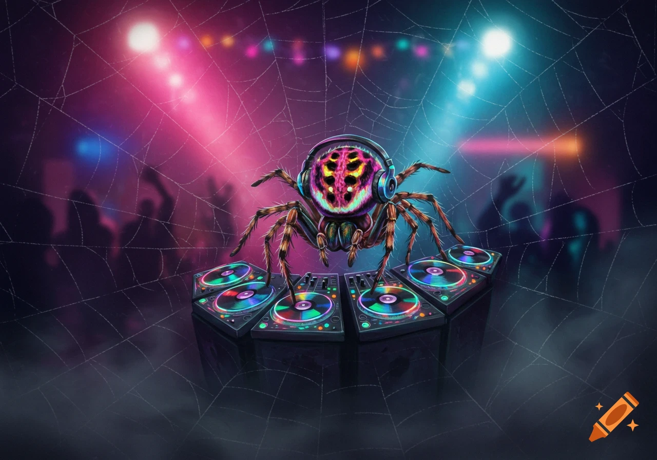 A colorful orb weaver spider wearing headphones DJs on six turntables amidst spider webs, rave lights, and blurred partygoers.