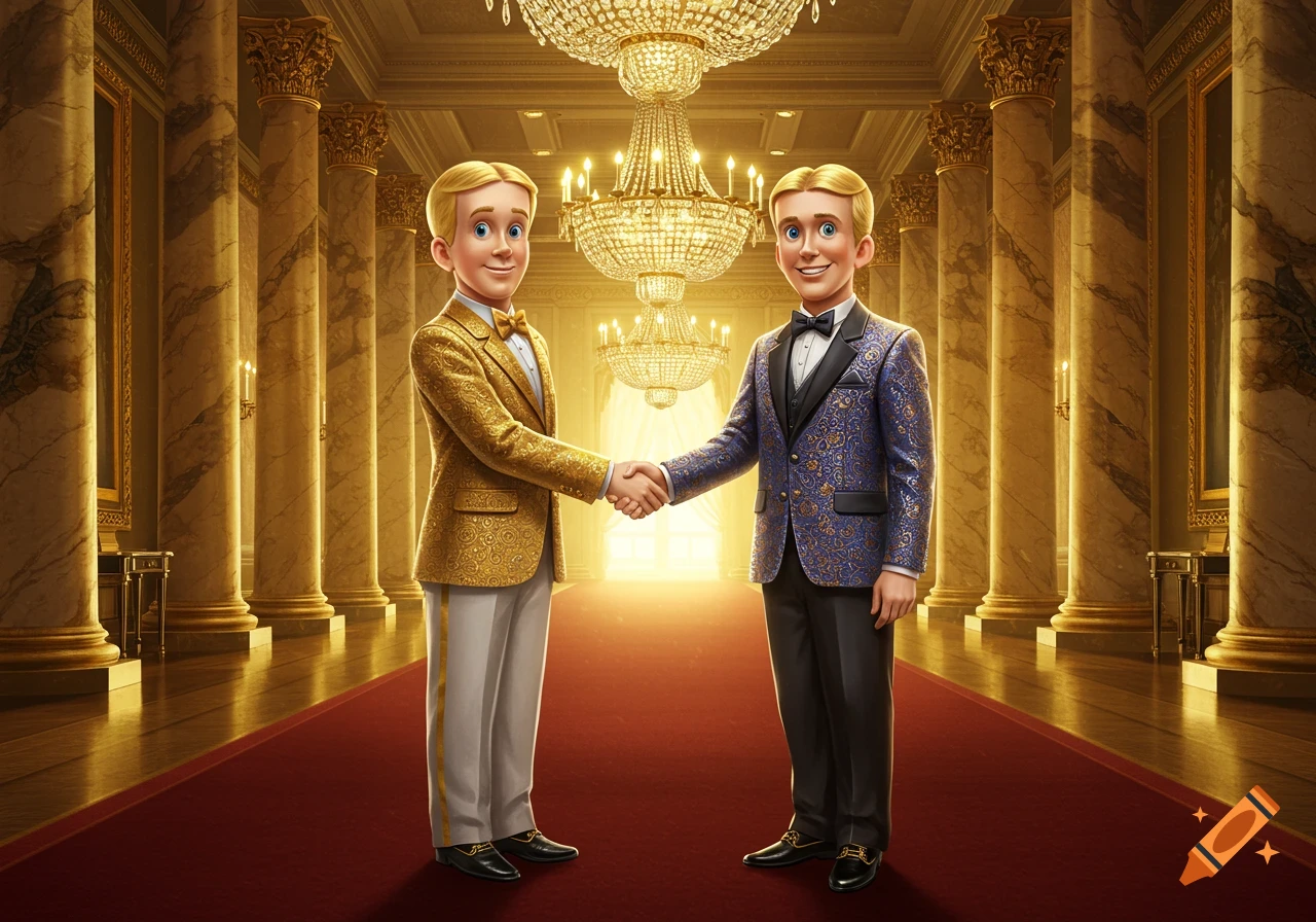 Two smiling cartoon boys in opulent suits shake hands in a lavish ballroom with chandeliers and marble pillars.