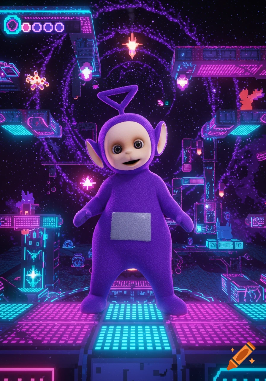 Purple Tinky Winky stands in a vibrant, neon-lit, pixelated sci-fi video game world with floating platforms.