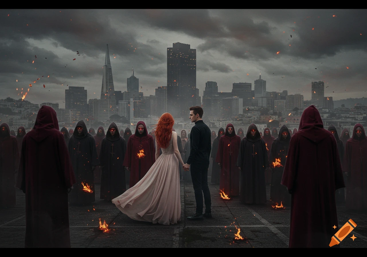 A man and a redhead woman hold hands, facing a crowd of robed figures with glowing eyes in a dystopian San Francisco cityscape with fires.