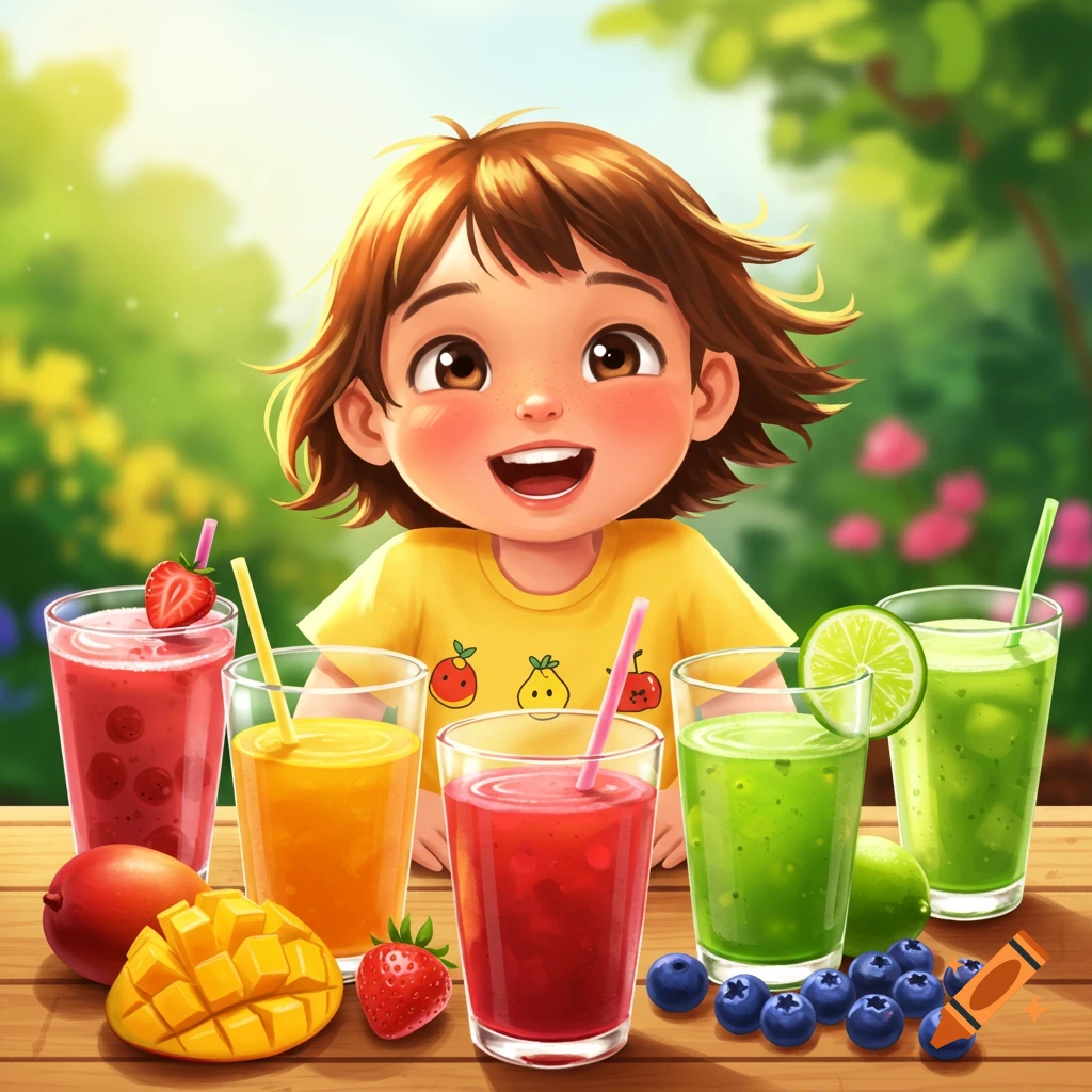 Cute cartoon child smiling behind a wooden table filled with glasses of fruit juices and fresh fruits in a sunny outdoor setting.