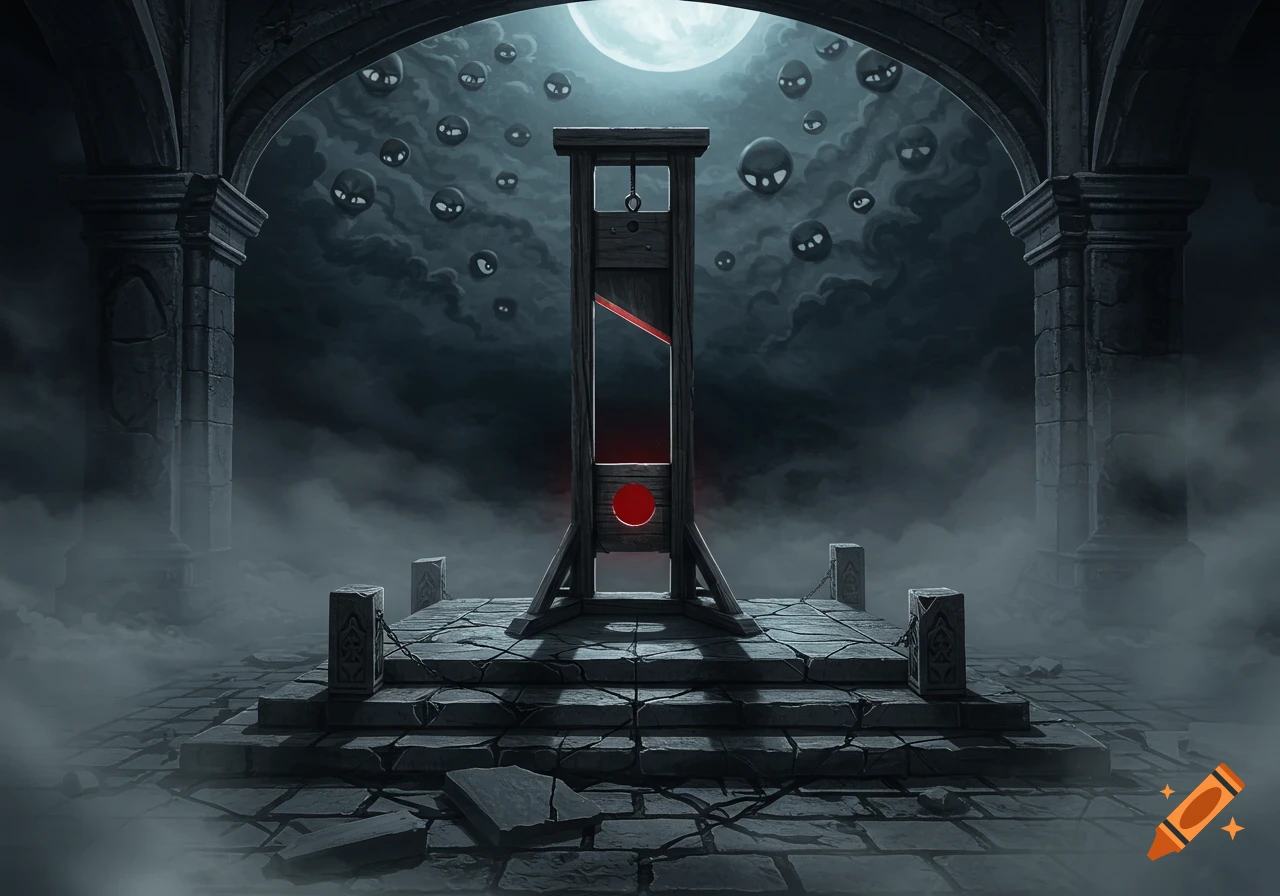 A guillotine stands in a dark gothic courtyard under a full moon, with many floating evil eyes watching.