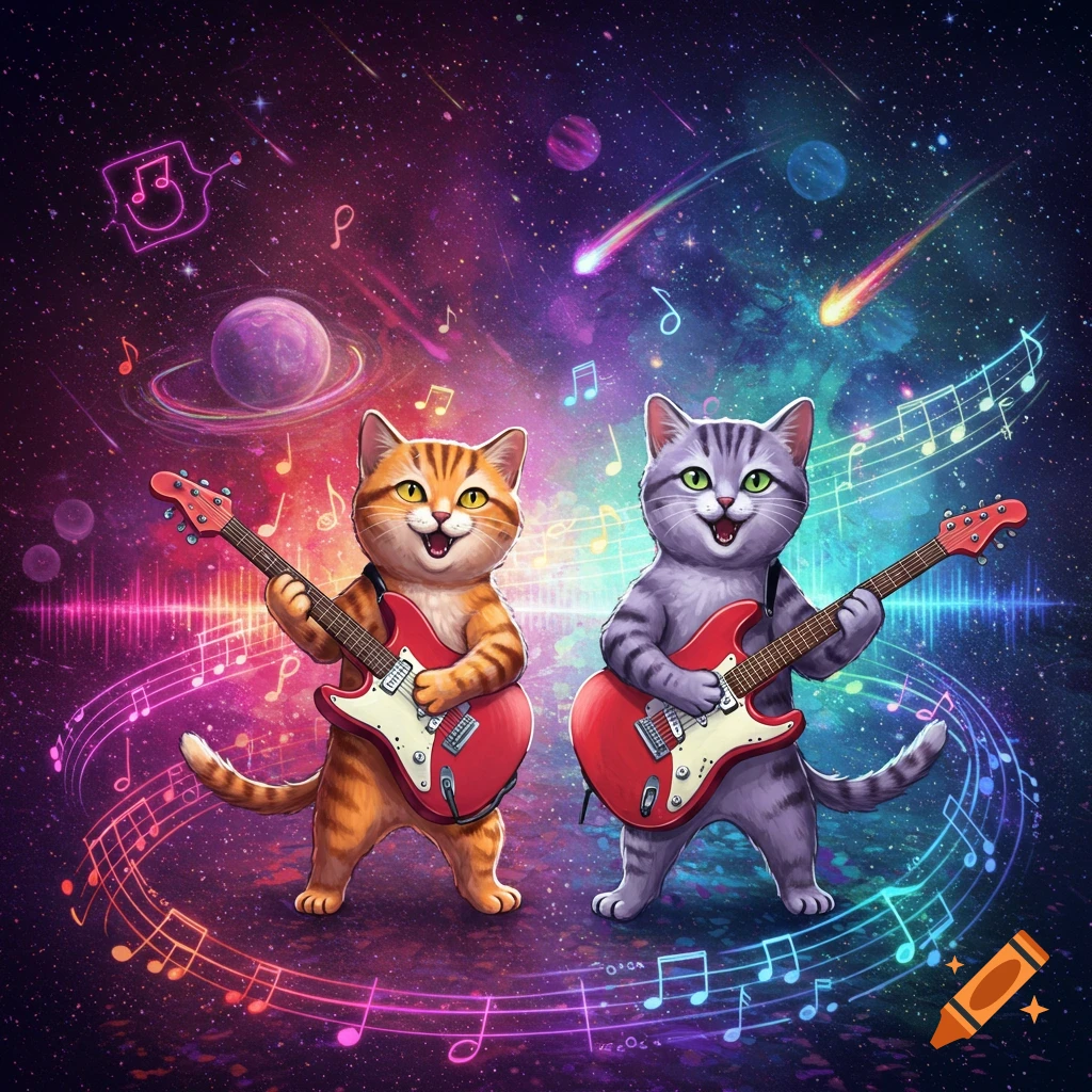 Two cheerful cartoon cats, one orange and one gray, playing red electric guitars in a vibrant, star-filled space with musical notes.