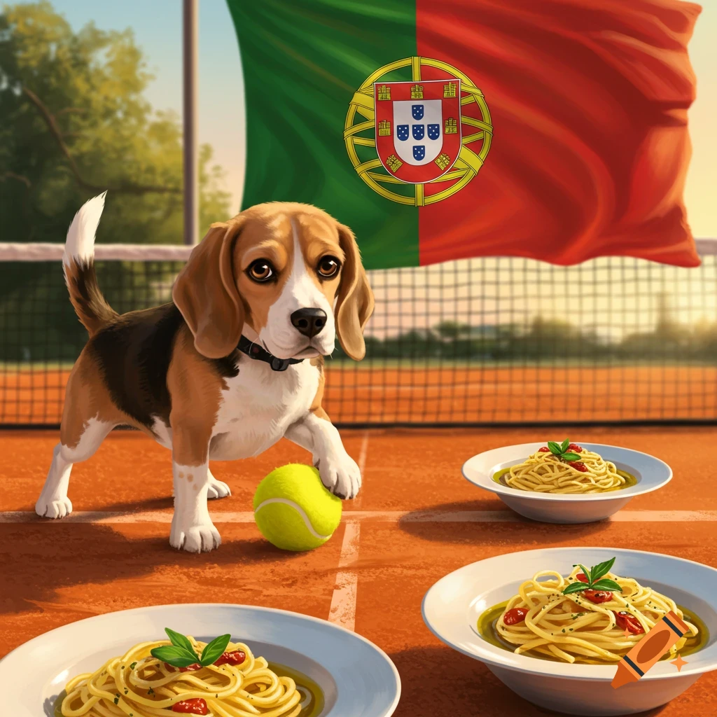 A beagle puppy on a tennis court with a tennis ball, next to plates of pasta, with the Portugal flag in the background.