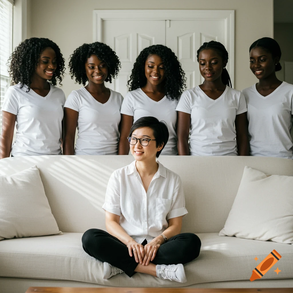 An Asian woman with short hair and glasses sits smiling on a couch, with five smiling Black women in white t-shirts standing behind her.