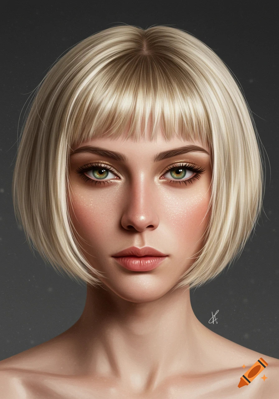 Close-up digital art portrait of a woman with short blonde bob hair, bangs, and striking green eyes.
