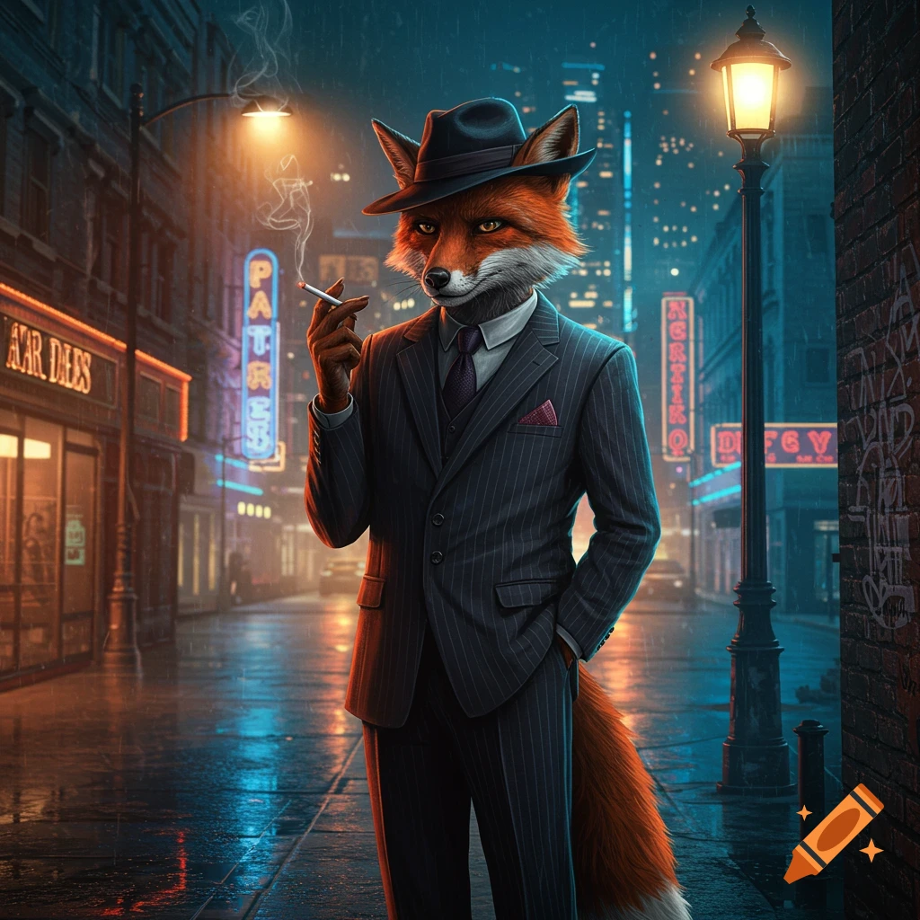 A stylized anthropomorphic fox in a pinstripe suit and fedora, smoking a cigarette on a rainy city street at night, with neon lights reflected on the wet pavement.