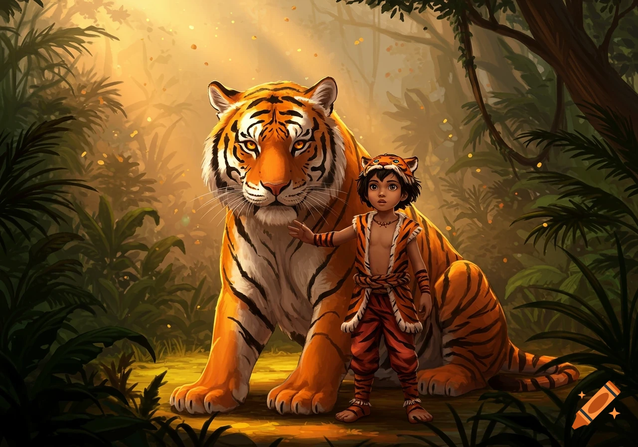 Illustrated boy in tiger outfit standing next to a large tiger in a lush, golden-lit jungle.