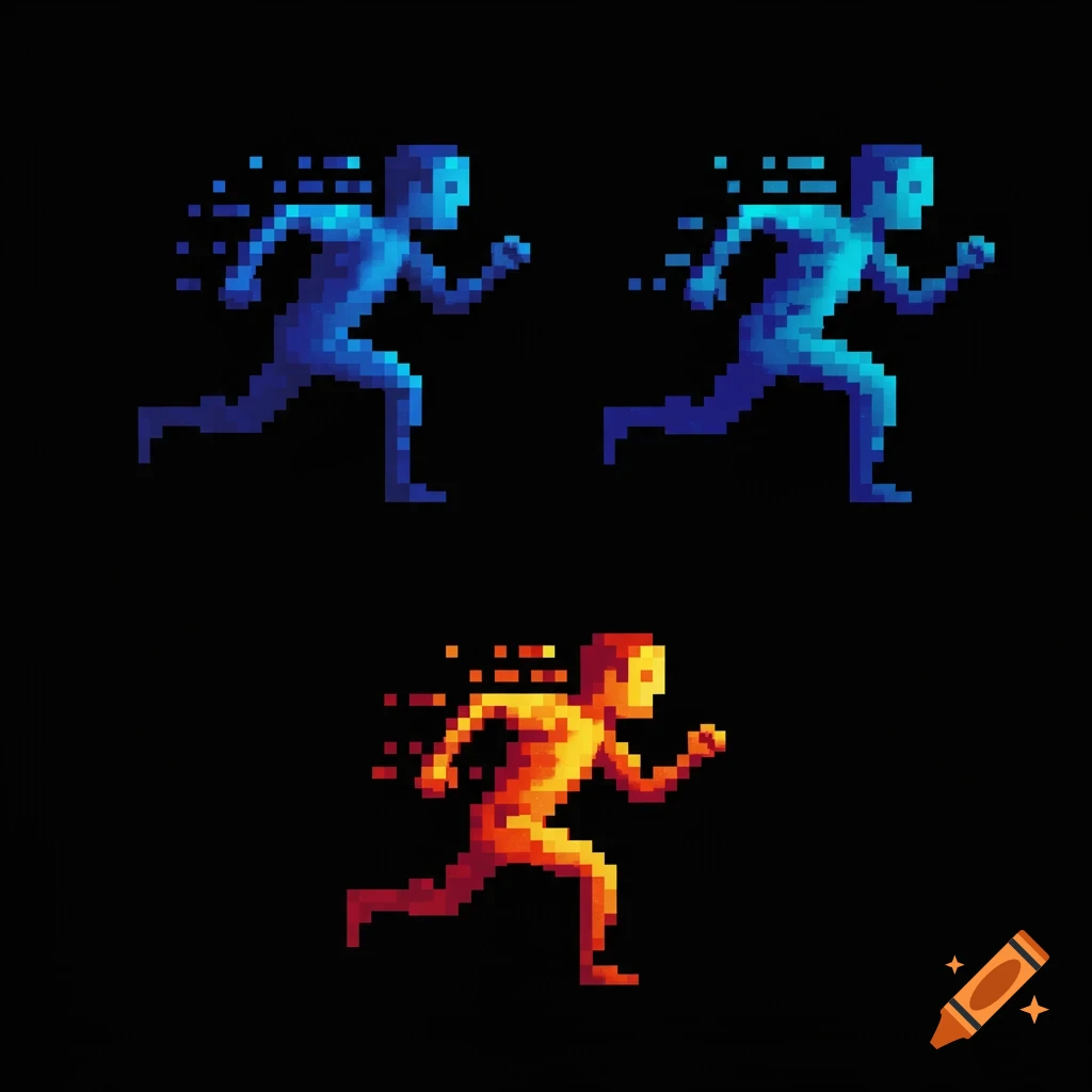 Three pixelated figures of a person running with motion blur, two blue and one red, against a black background.