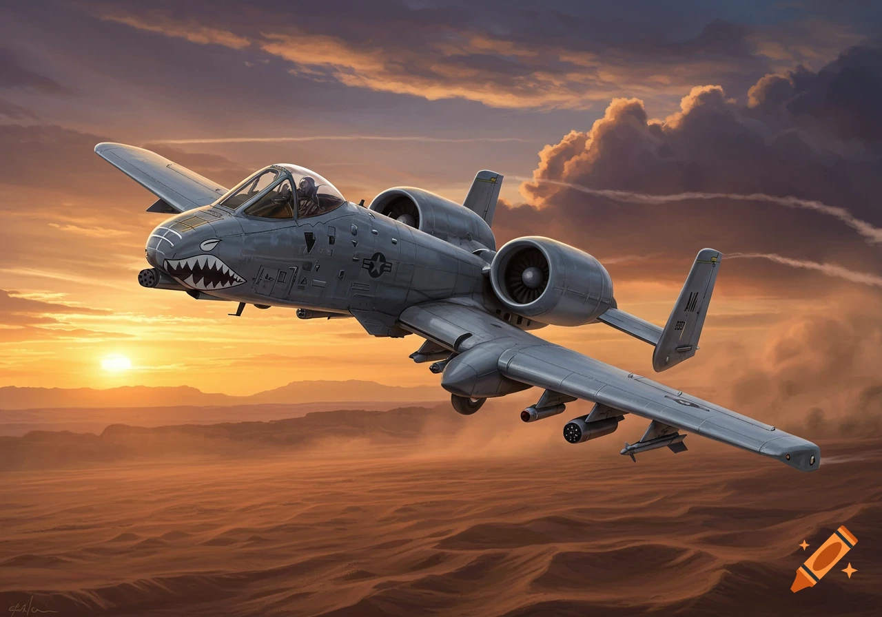 A grey A-10 Warthog attack jet with shark teeth livery flies over a desert landscape at sunset.