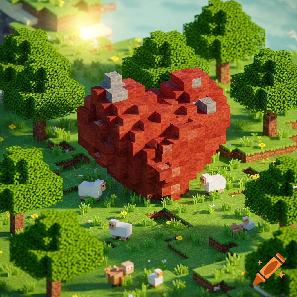A large red blocky heart sits in a vibrant green Minecraft-style landscape with trees, sheep, and small animals under a sunny sky.