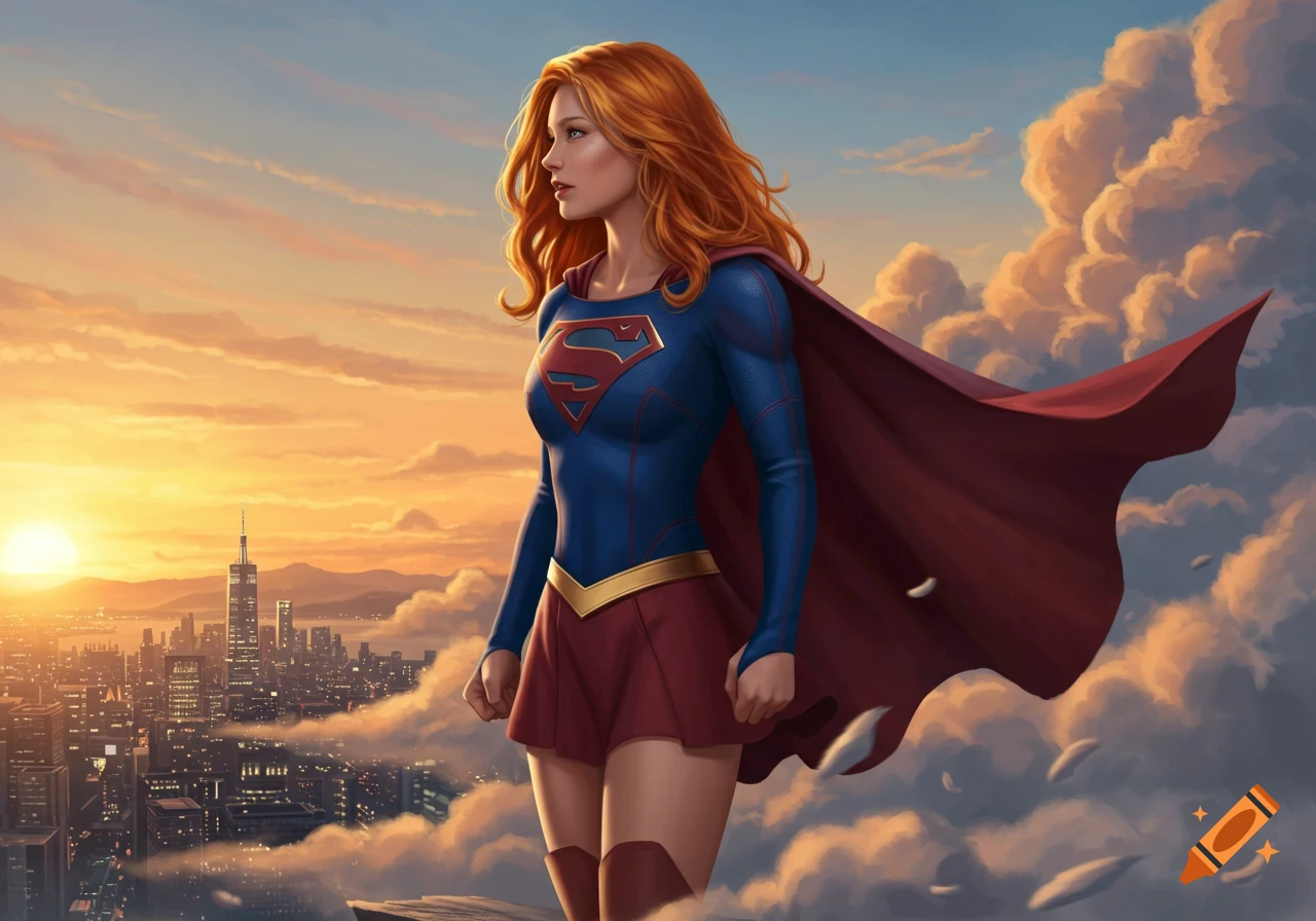 Red-haired Supergirl in her blue and red suit and cape, stands on a rooftop overlooking a city at sunset, digital painting.
