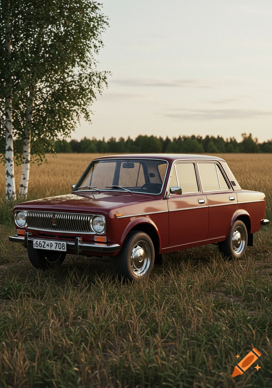 A photorealistic image of a vintage red sedan car parked in a golden grassy field, with birch trees to the left and a forest in the background.