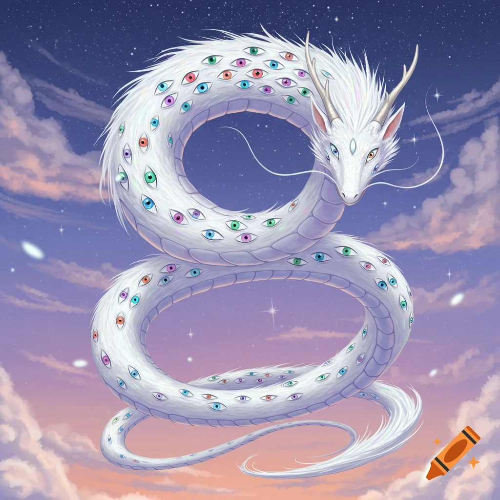 A white dragon with many colorful eyes across its body floats majestically in a twilight sky filled with clouds and stars.