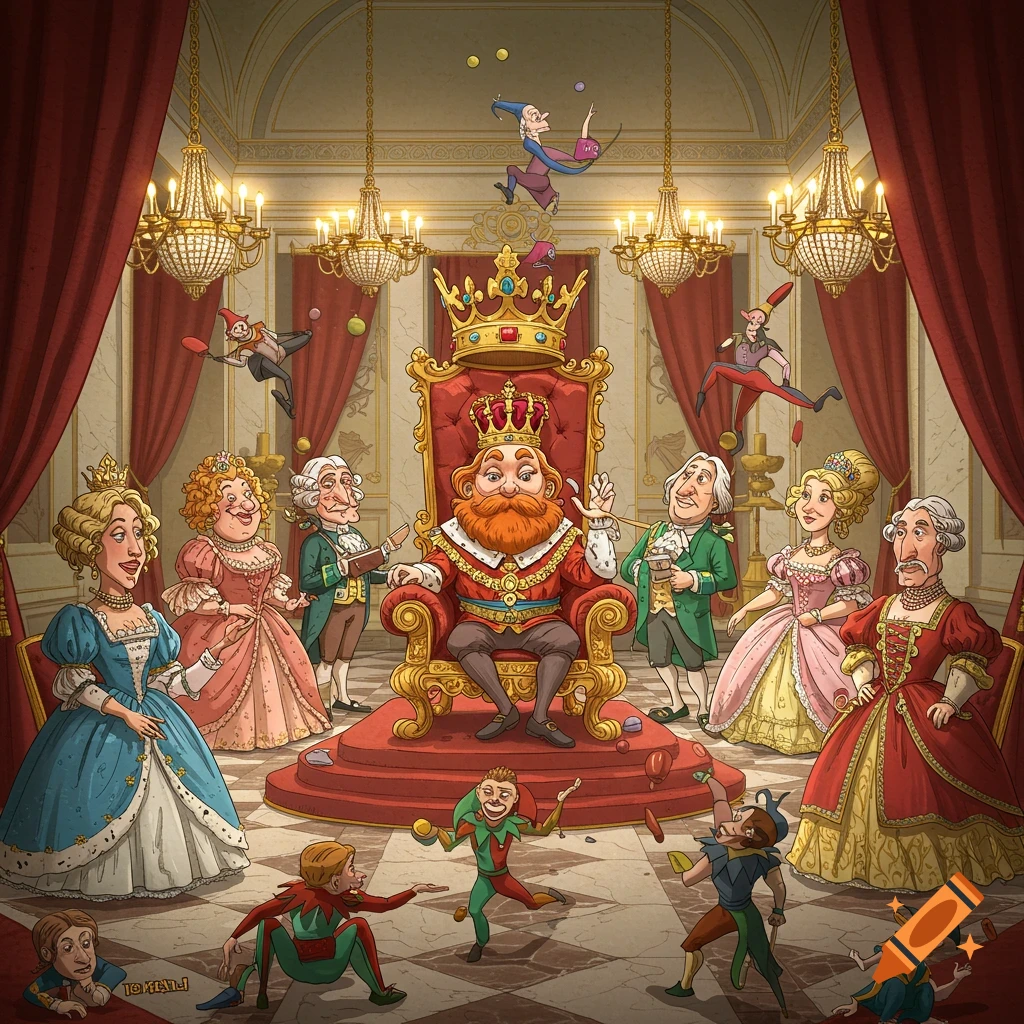 A humorous cartoon illustration of a king on his throne, surrounded by a queen, courtiers, and energetic jesters performing in a grand palace hall.