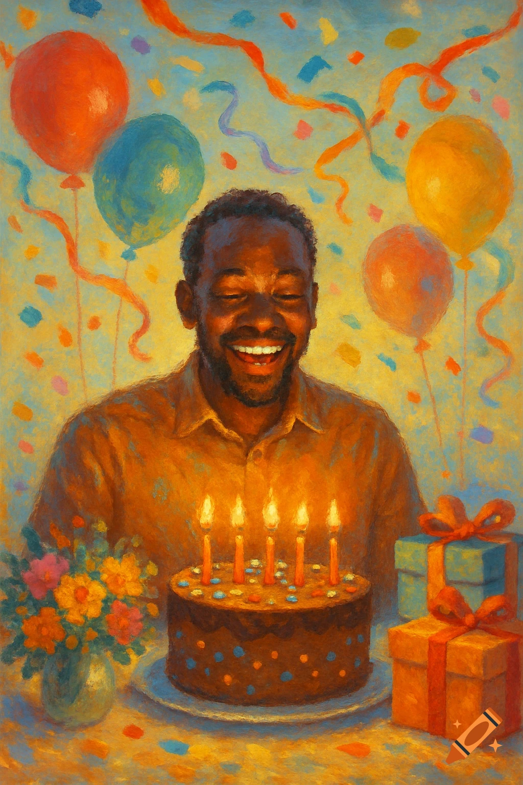Happy Black man smiles at a birthday cake with candles, surrounded by balloons and gifts in a painterly style.