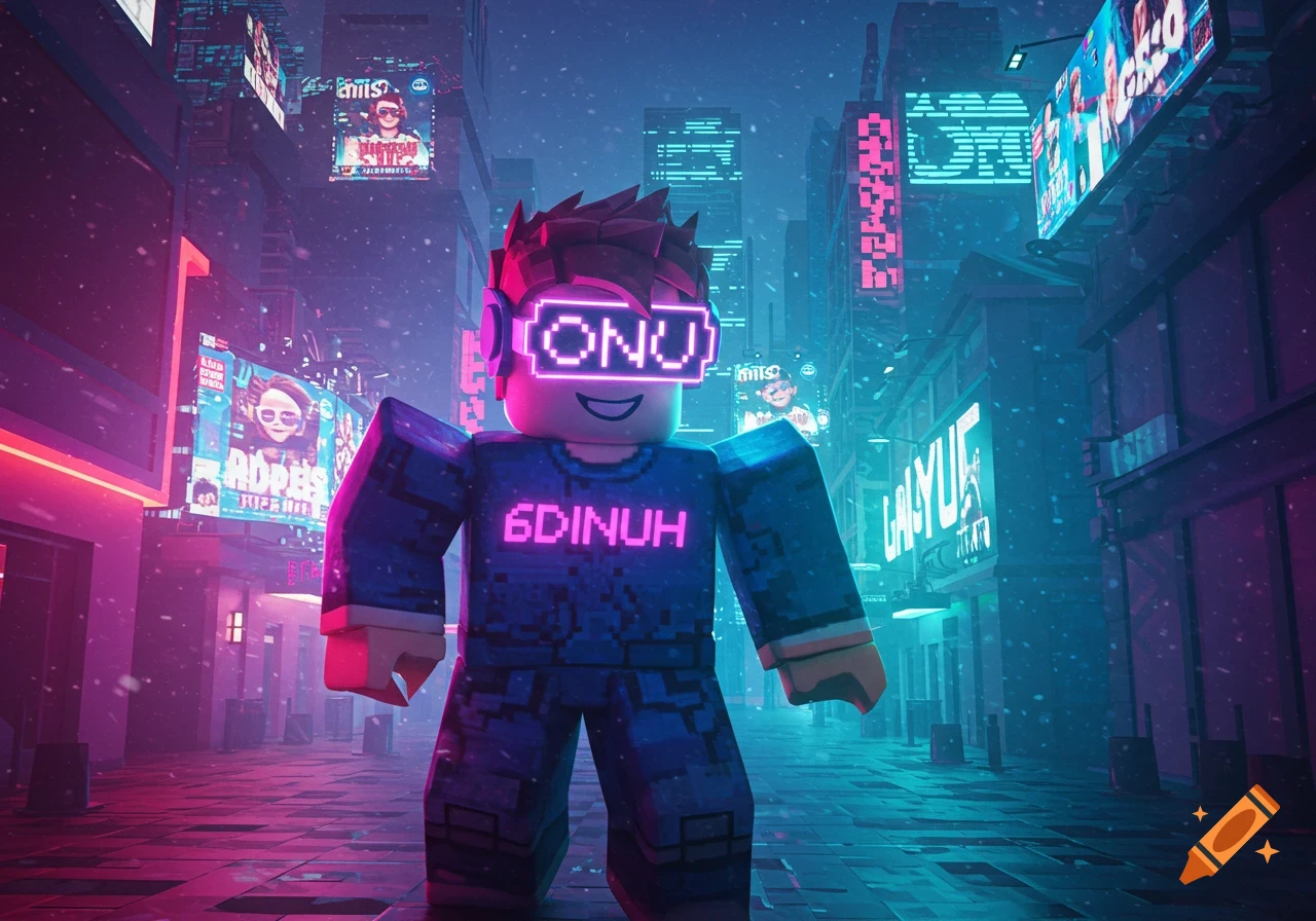 A Roblox character wearing neon goggles and a shirt with "6DINUH" on it, standing in a futuristic city street under glowing neon signs and falling snow.