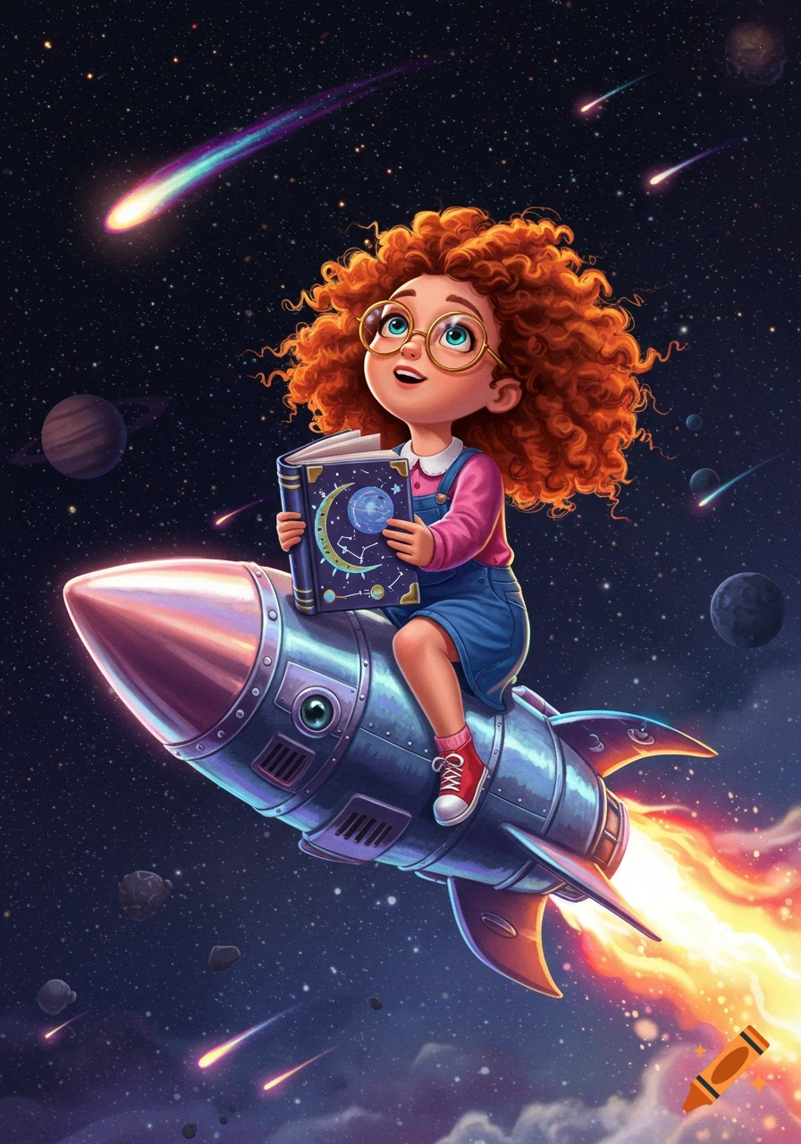 A whimsical illustration of a red-haired girl with glasses riding a rocket through space, holding a book with celestial designs.