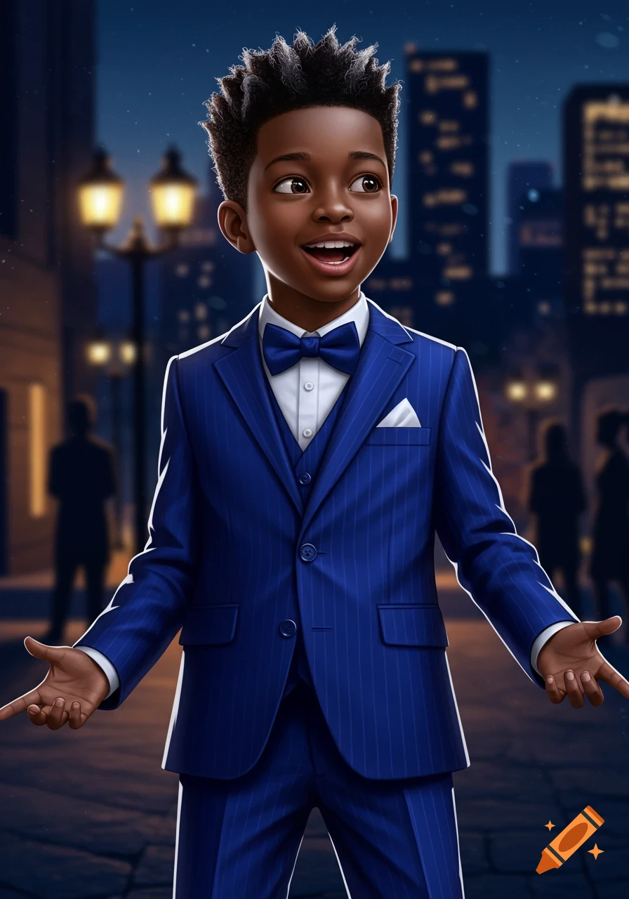 A smiling young Black boy with a Mohawk, wearing a blue pinstripe suit and bow tie, stands on a city street at night in a stylized illustration.