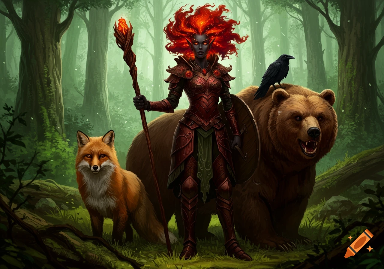 Dark elf in red armor with fiery hair, holding a staff, stands with a fox, bear, and raven in a lush forest.