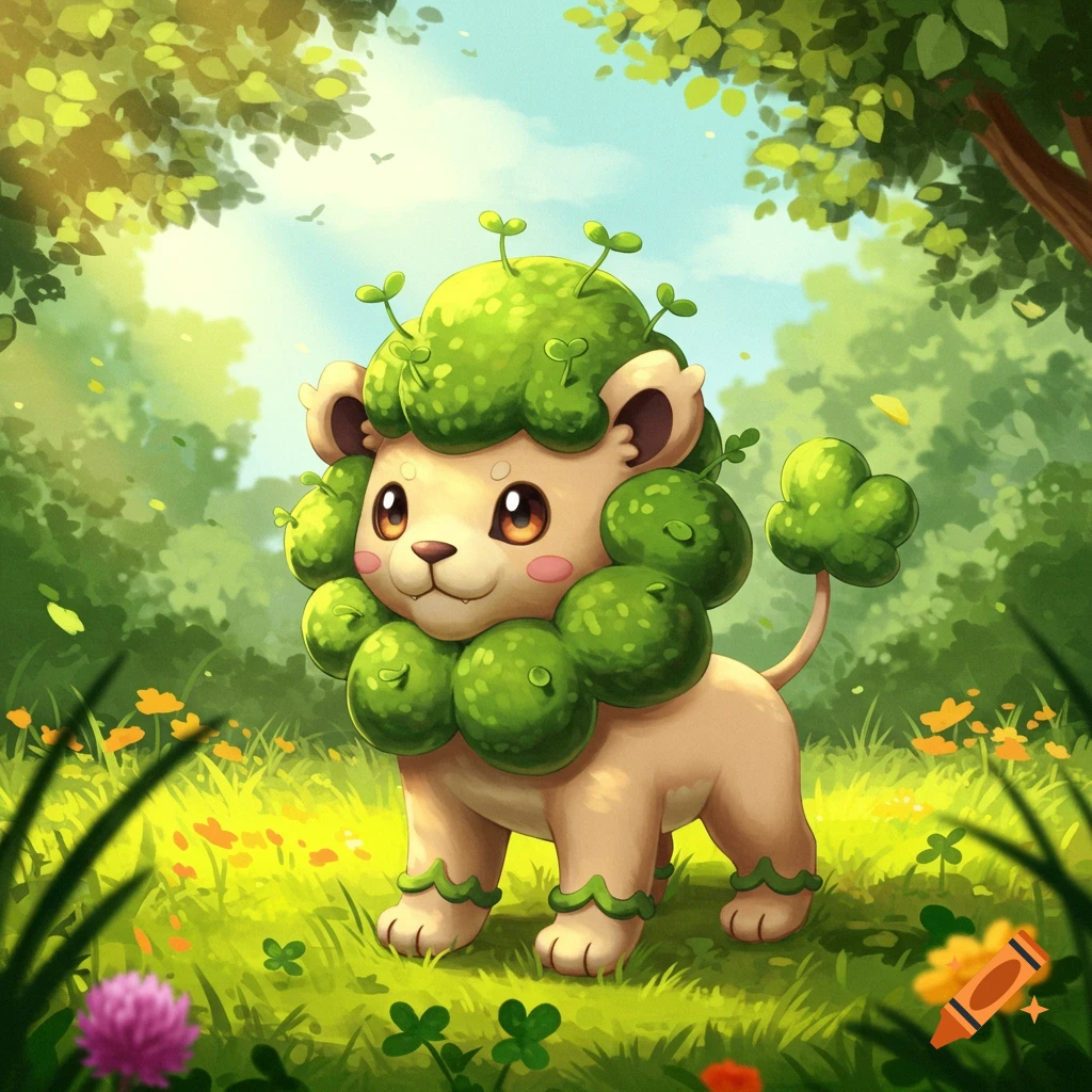 A cute, cartoonish lion cub with a green moss and sprout mane stands in a sunny forest clearing. Digital illustration.