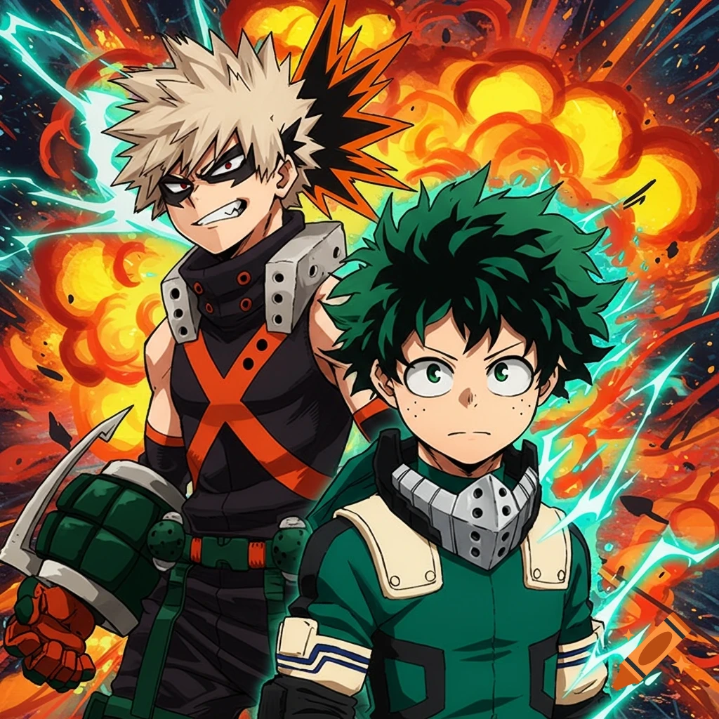 Bakugo and Deku from My Hero Academia, an angry blonde boy and a determined green-haired boy, stand before explosions.
