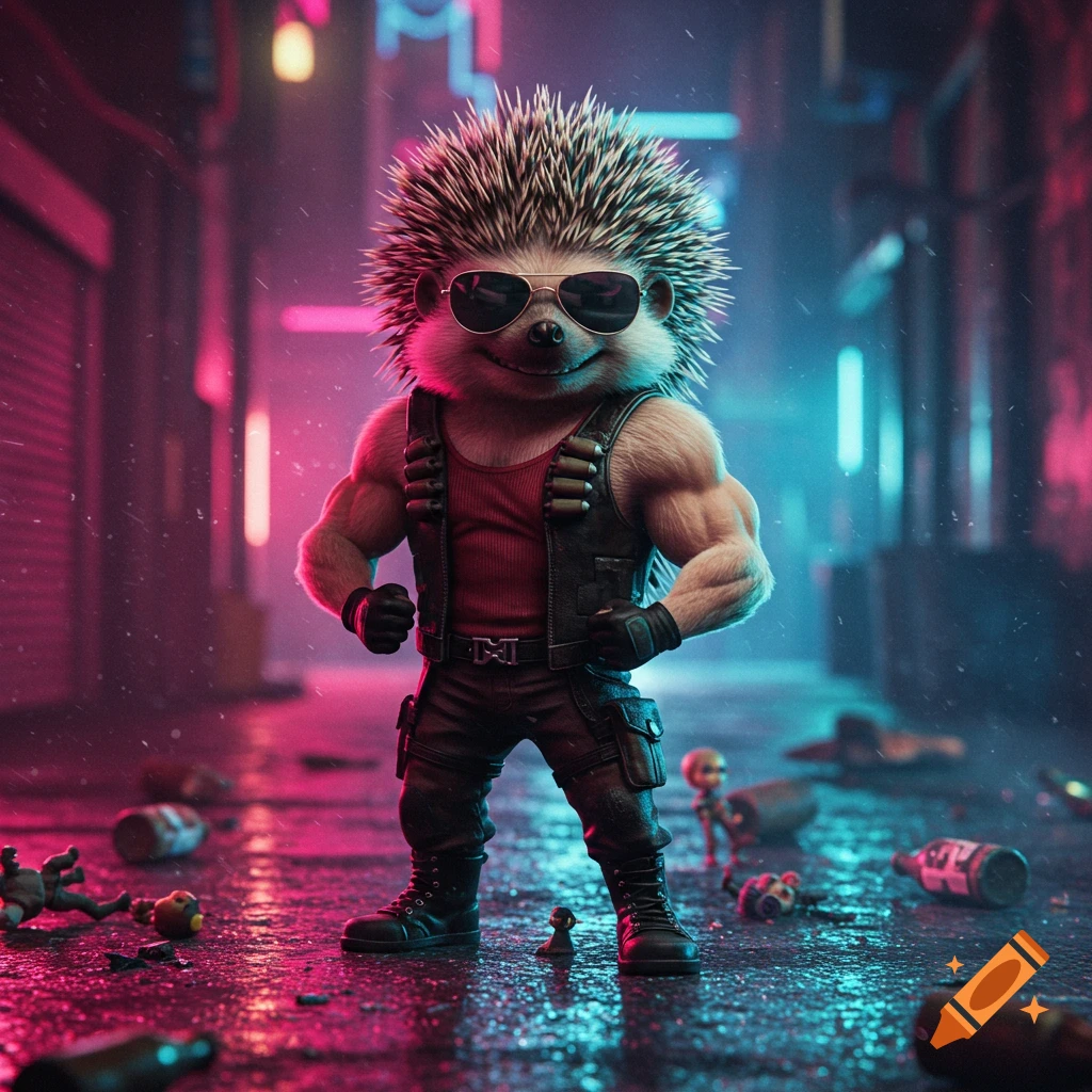 A muscular hedgehog in sunglasses, a red tank top, combat vest, and cargo pants stands in a neon-lit, wet cyberpunk alley.