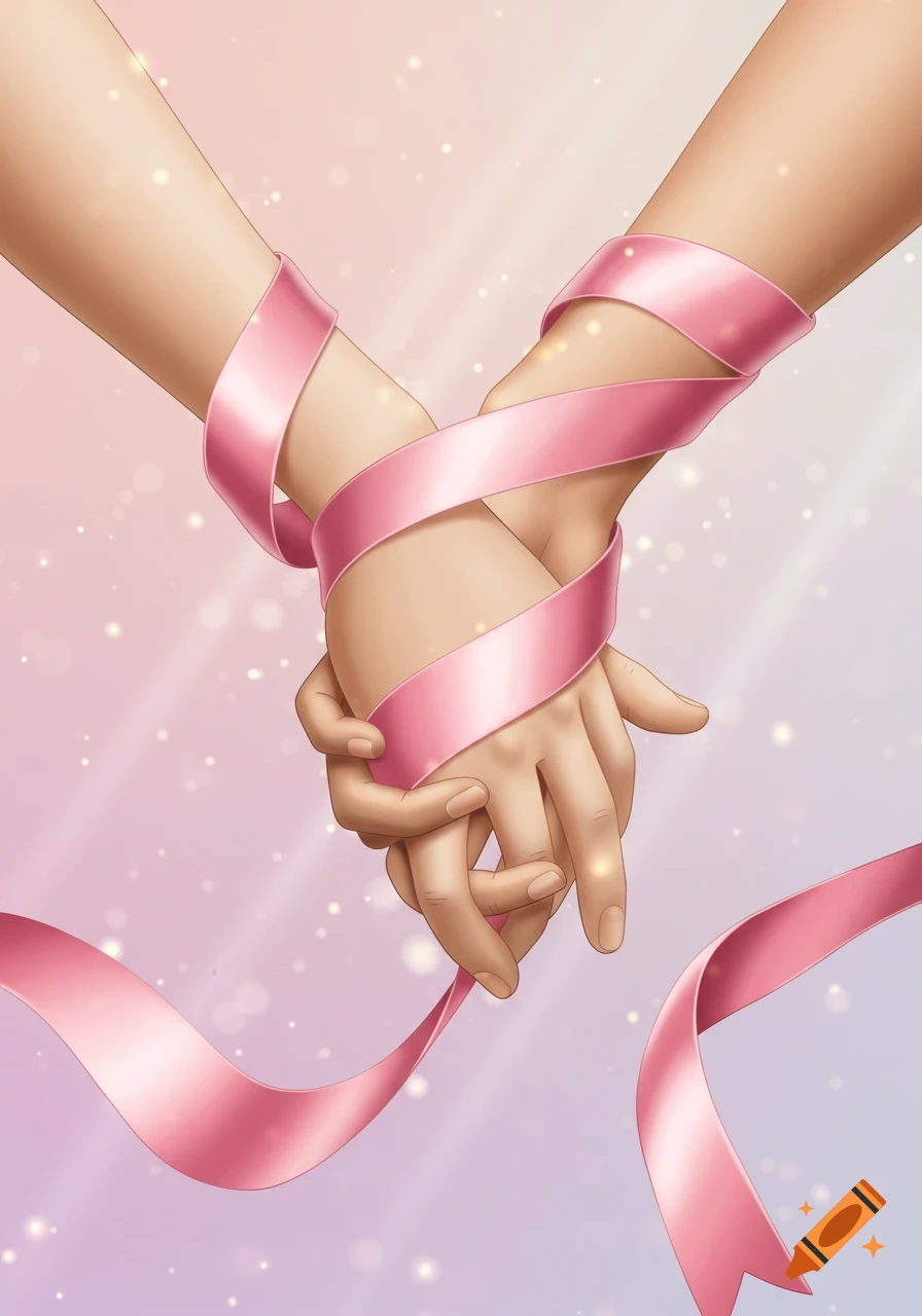 Illustrative image of two hands intertwined, wrapped by a flowing pink ribbon, on a sparkling pink background.