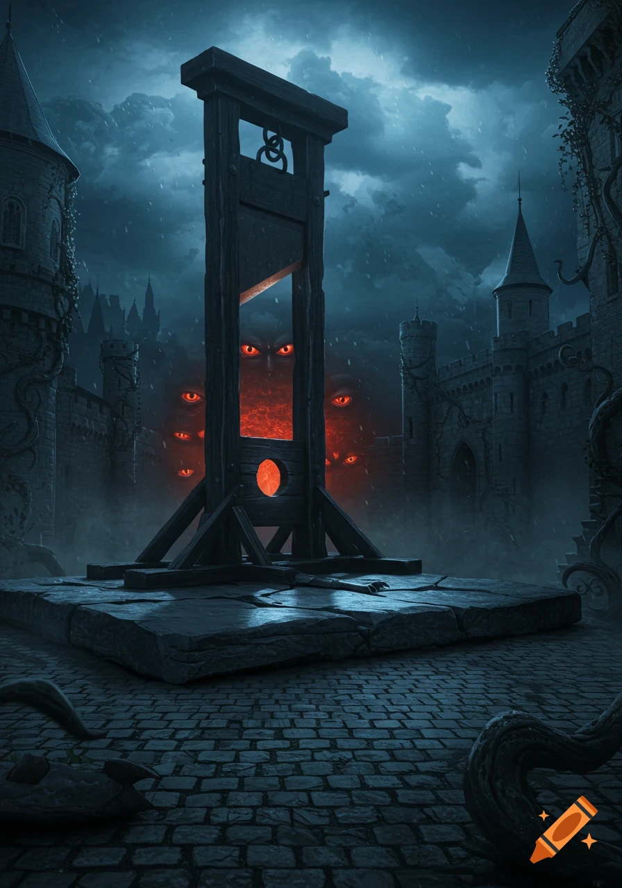 Dark fantasy illustration of a guillotine on a stone slab in a gothic castle courtyard, with glowing red evil eyes in a fiery void.