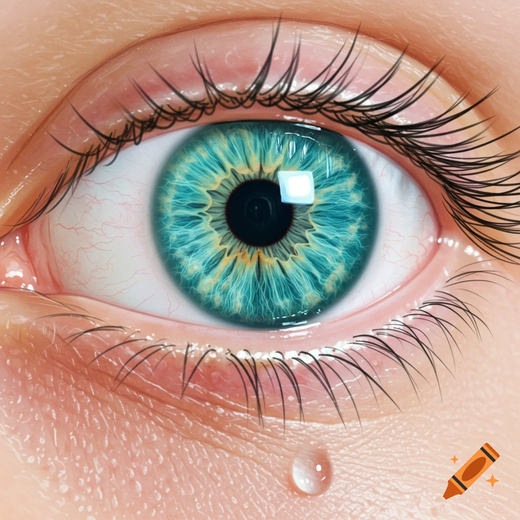 Hyperrealistic close-up of a human eye with an intensely saturated greenish-blue iris and a single tear falling.