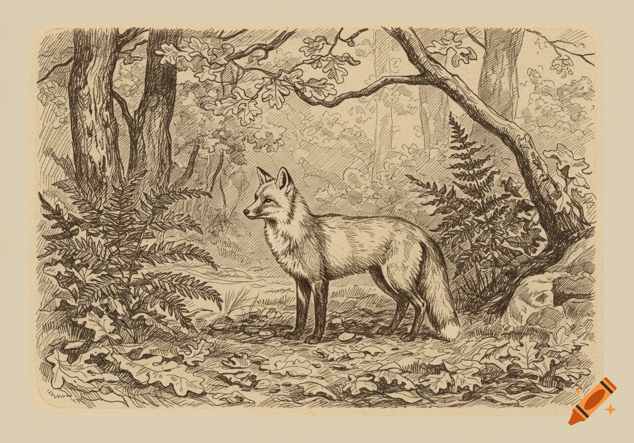 Antique pen and ink etching of a fox standing in a forest with ferns and oak leaves.