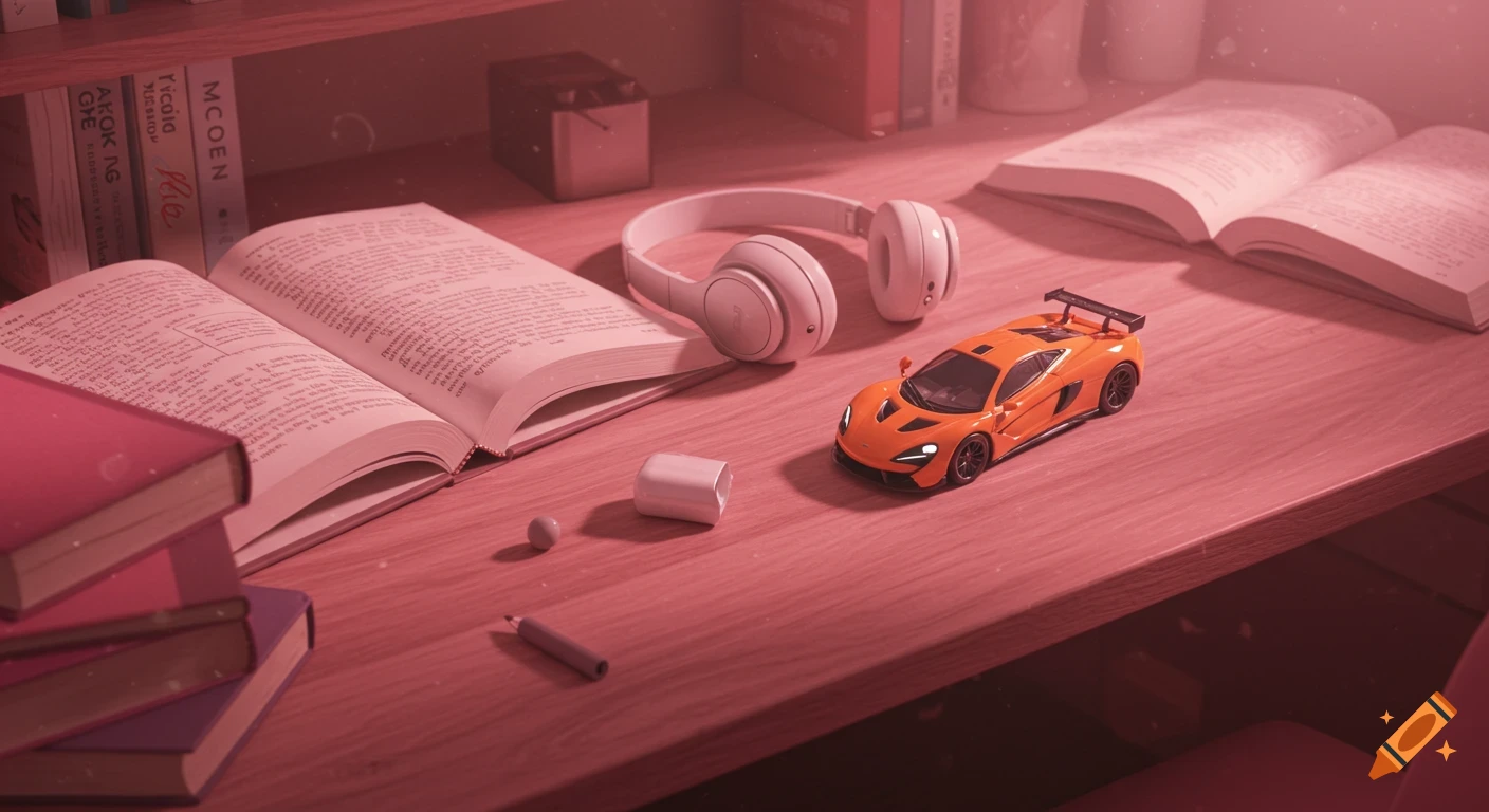 Top-down view of a wooden desk with open books, white headphones, and an orange toy McLaren F1 car, in a pink-toned anime art style.